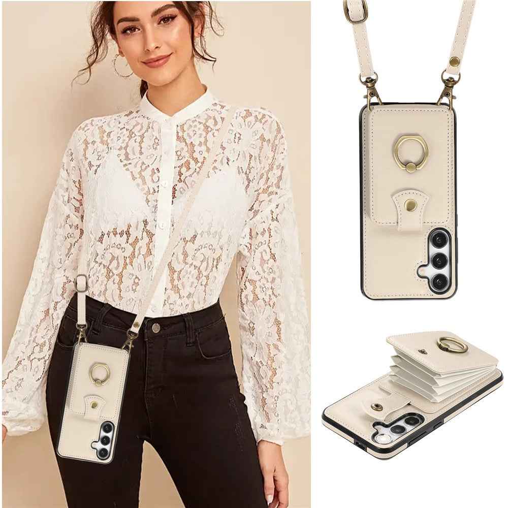For Samsung Galaxy A57 5G Case Card Holder Ring Kickstand TPU + PU Leather Phone Cover with Long Strap - Beige