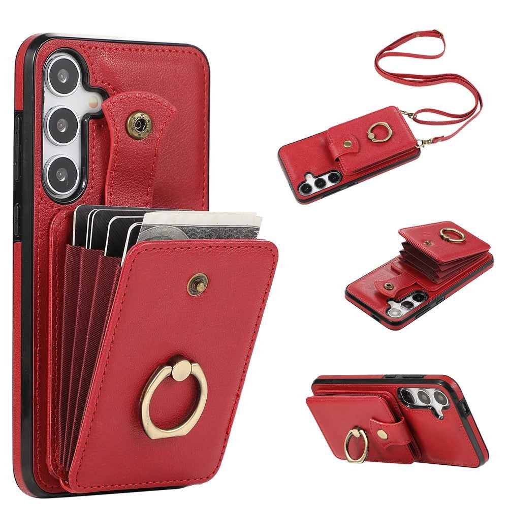 For Samsung Galaxy A57 5G Case Card Holder Ring Kickstand TPU + PU Leather Phone Cover with Long Strap - Red