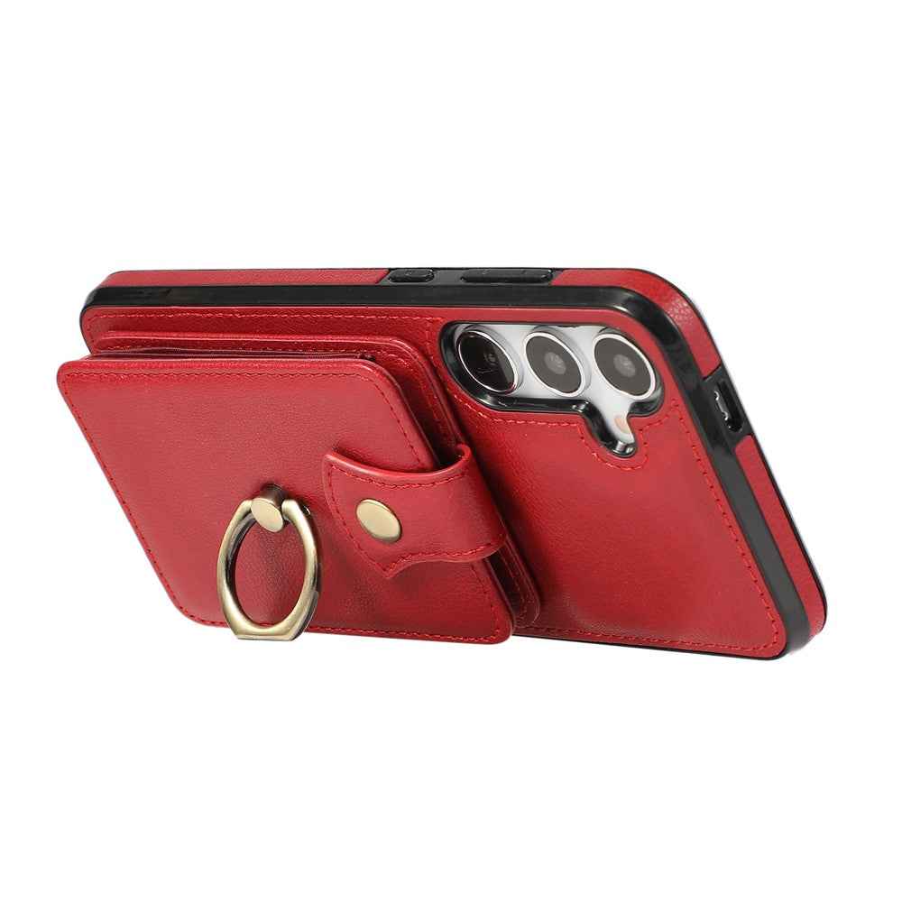 For Samsung Galaxy A57 5G Case Card Holder Ring Kickstand TPU + PU Leather Phone Cover with Long Strap - Red
