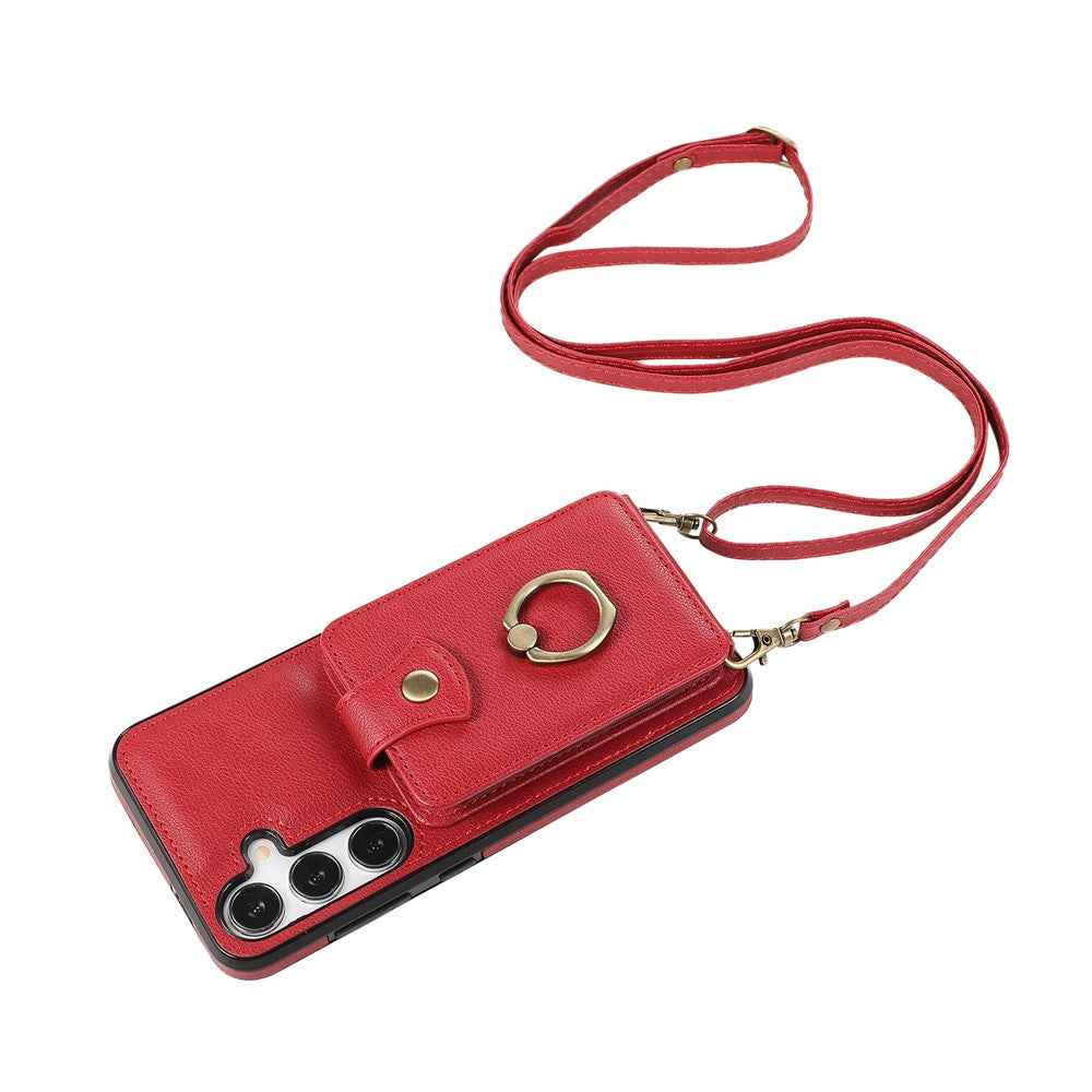 For Samsung Galaxy A57 5G Case Card Holder Ring Kickstand TPU + PU Leather Phone Cover with Long Strap - Red
