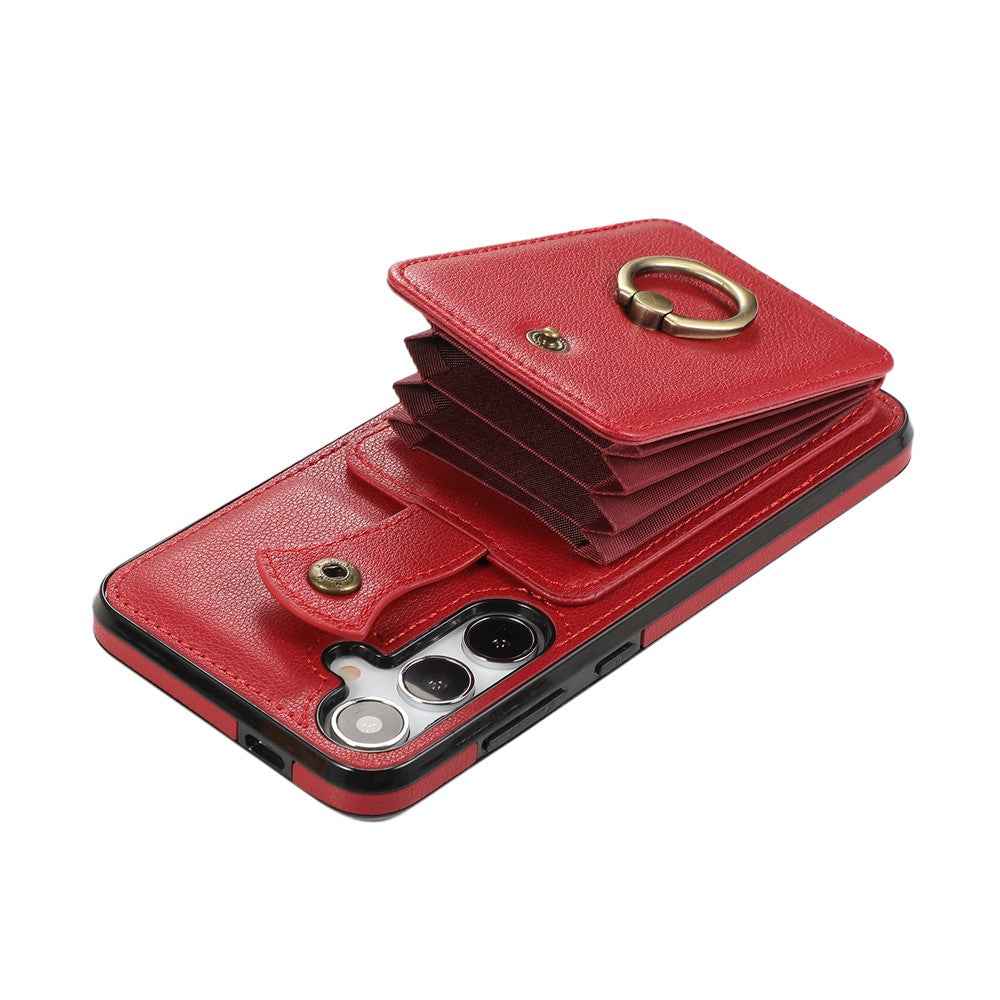 For Samsung Galaxy A57 5G Case Card Holder Ring Kickstand TPU + PU Leather Phone Cover with Long Strap - Red