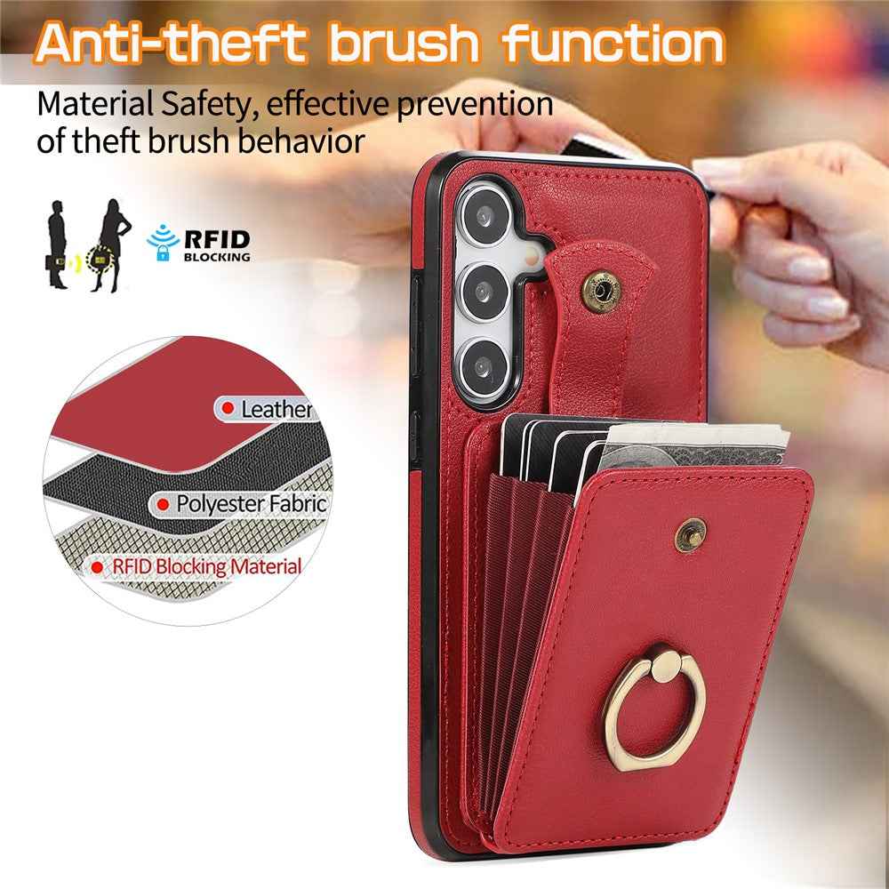 For Samsung Galaxy A57 5G Case Card Holder Ring Kickstand TPU + PU Leather Phone Cover with Long Strap - Red