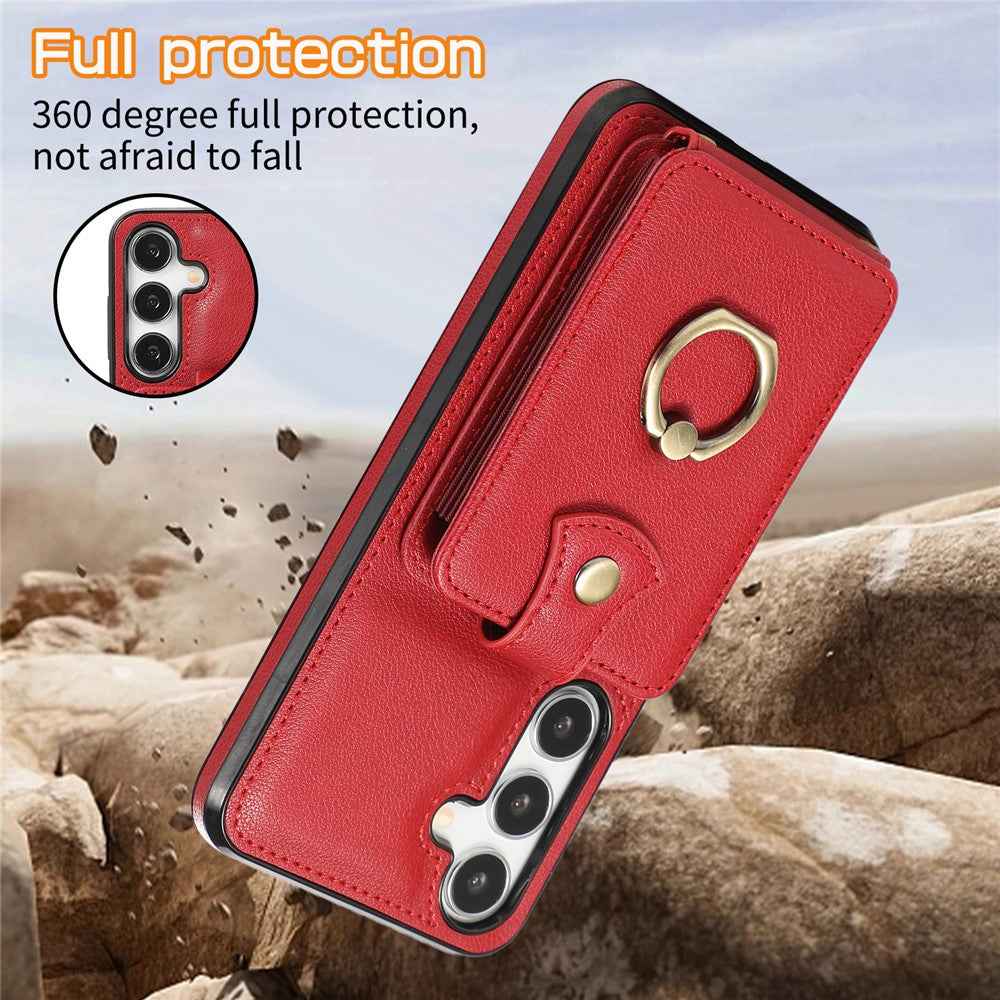 For Samsung Galaxy A57 5G Case Card Holder Ring Kickstand TPU + PU Leather Phone Cover with Long Strap - Red