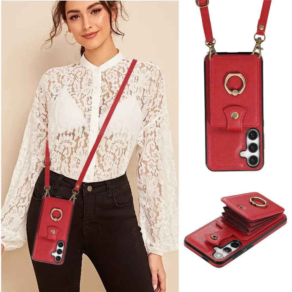 For Samsung Galaxy A57 5G Case Card Holder Ring Kickstand TPU + PU Leather Phone Cover with Long Strap - Red