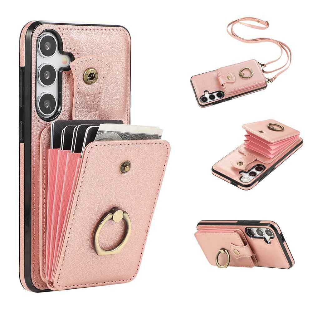 For Samsung Galaxy A57 5G Case Card Holder Ring Kickstand TPU + PU Leather Phone Cover with Long Strap - Rose Gold