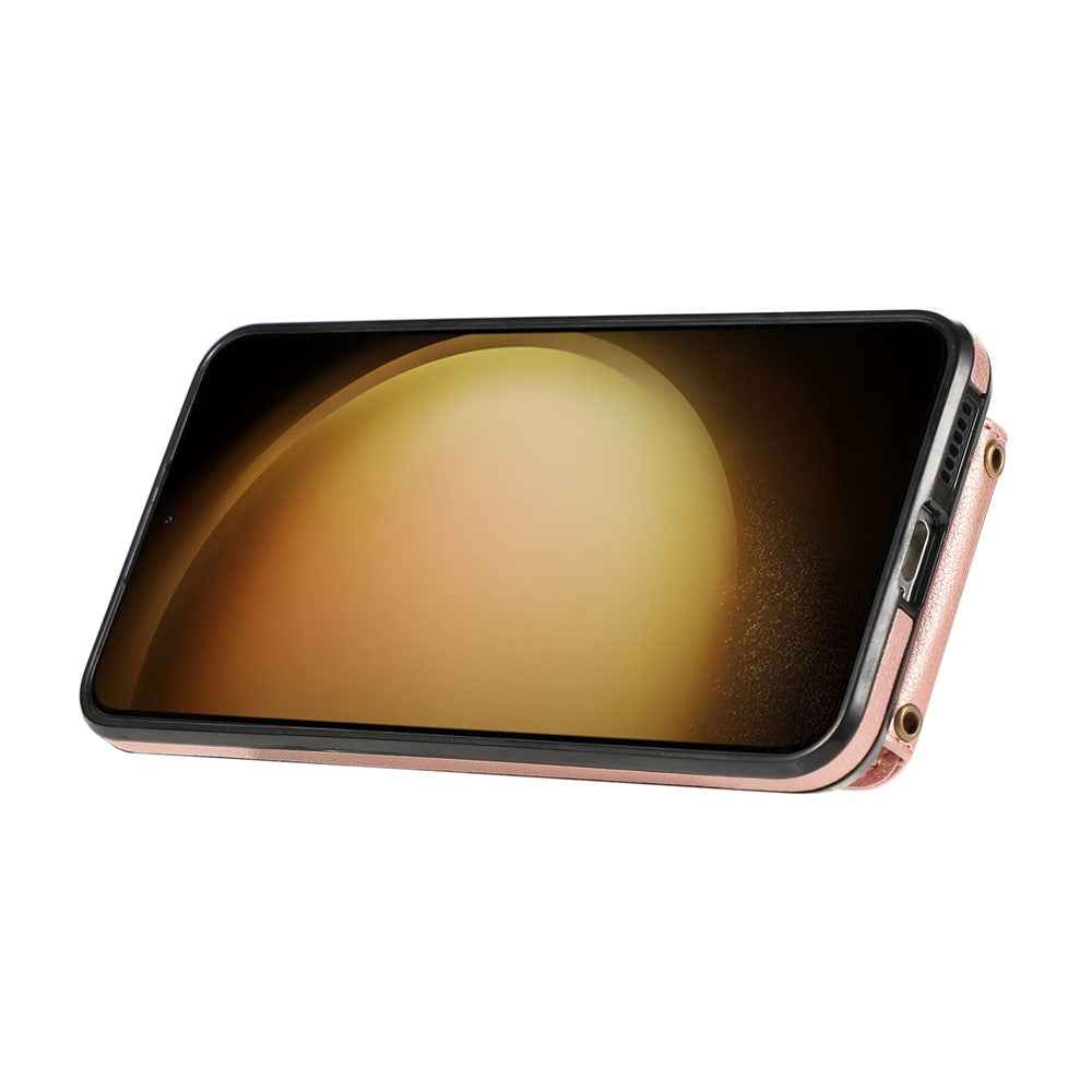 For Samsung Galaxy A57 5G Case Card Holder Ring Kickstand TPU + PU Leather Phone Cover with Long Strap - Rose Gold
