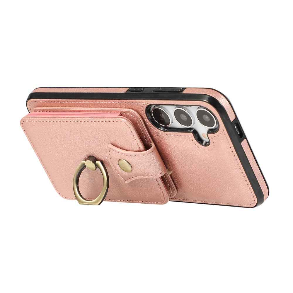 For Samsung Galaxy A57 5G Case Card Holder Ring Kickstand TPU + PU Leather Phone Cover with Long Strap - Rose Gold