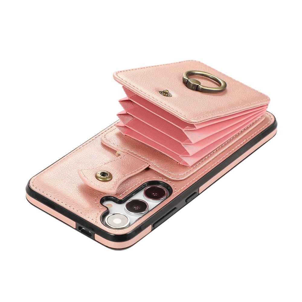 For Samsung Galaxy A57 5G Case Card Holder Ring Kickstand TPU + PU Leather Phone Cover with Long Strap - Rose Gold