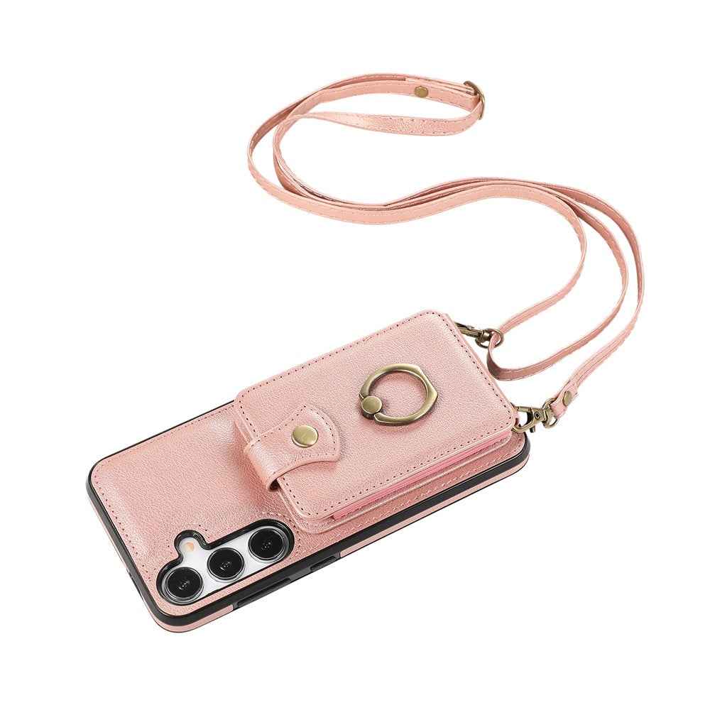 For Samsung Galaxy A57 5G Case Card Holder Ring Kickstand TPU + PU Leather Phone Cover with Long Strap - Rose Gold