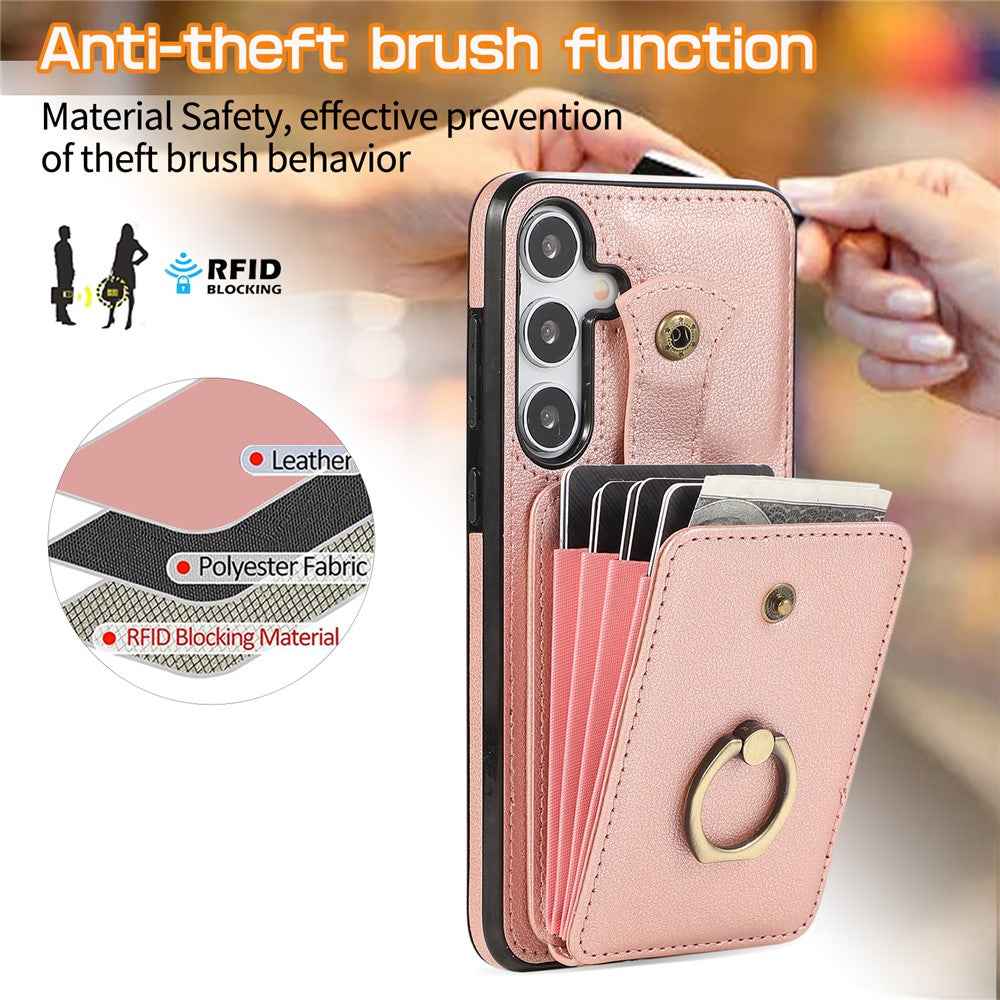 For Samsung Galaxy A57 5G Case Card Holder Ring Kickstand TPU + PU Leather Phone Cover with Long Strap - Rose Gold