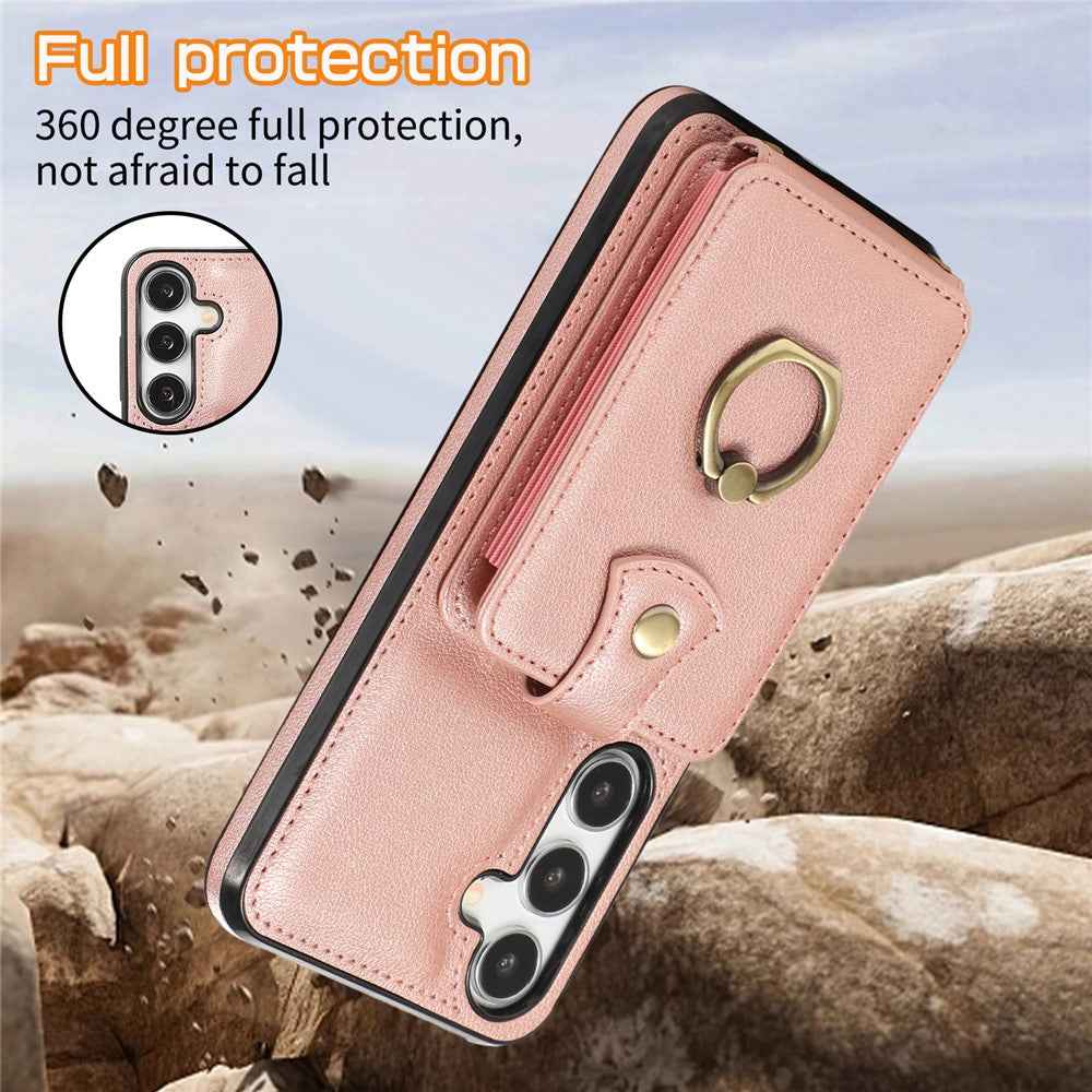 For Samsung Galaxy A57 5G Case Card Holder Ring Kickstand TPU + PU Leather Phone Cover with Long Strap - Rose Gold