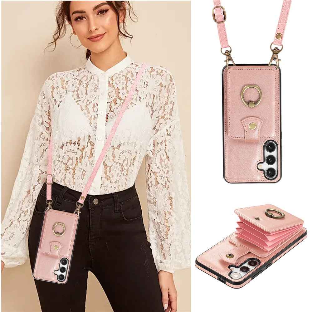 For Samsung Galaxy A57 5G Case Card Holder Ring Kickstand TPU + PU Leather Phone Cover with Long Strap - Rose Gold