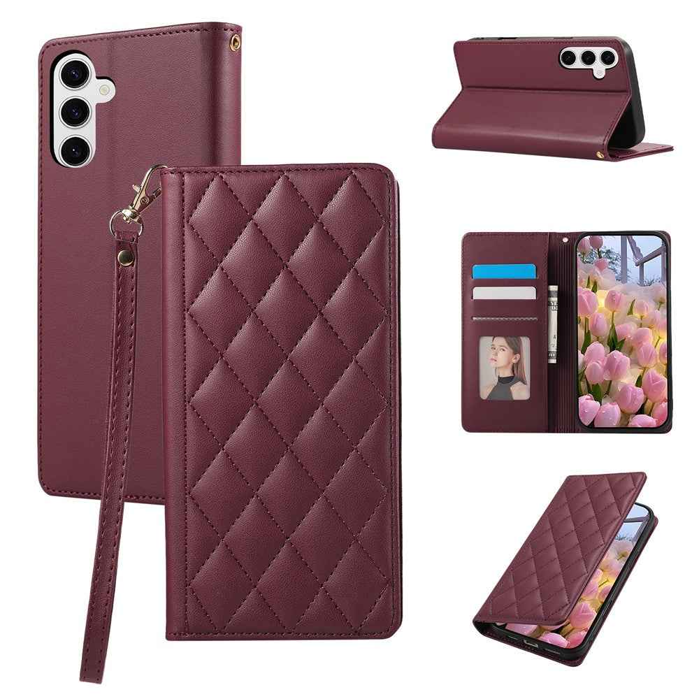 For Samsung Galaxy A57 5G Case RFID Blocking Wallet Stand Rhombus Leather Cover with Wrist Strap - Red