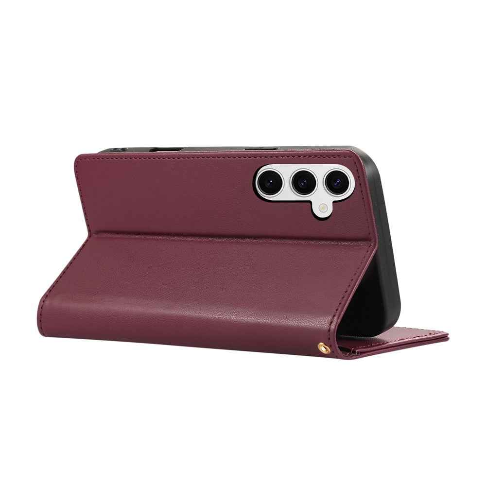 For Samsung Galaxy A57 5G Case RFID Blocking Wallet Stand Rhombus Leather Cover with Wrist Strap - Red