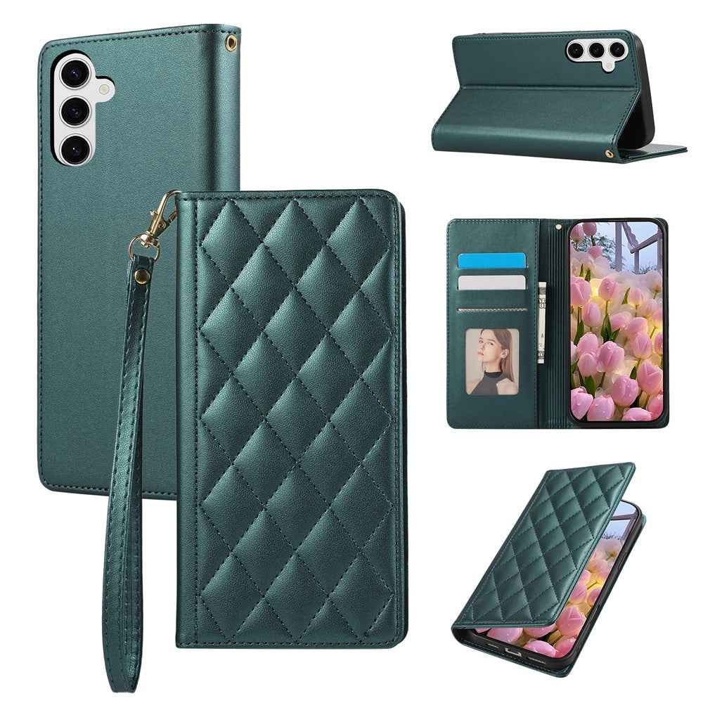 For Samsung Galaxy A57 5G Case RFID Blocking Wallet Stand Rhombus Leather Cover with Wrist Strap - Green