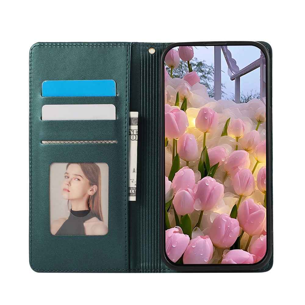 For Samsung Galaxy A57 5G Case RFID Blocking Wallet Stand Rhombus Leather Cover with Wrist Strap - Green