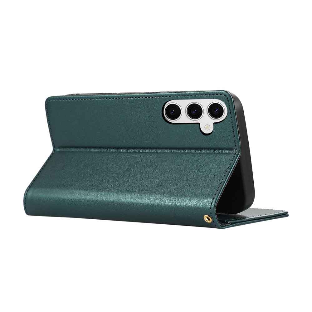 For Samsung Galaxy A57 5G Case RFID Blocking Wallet Stand Rhombus Leather Cover with Wrist Strap - Green