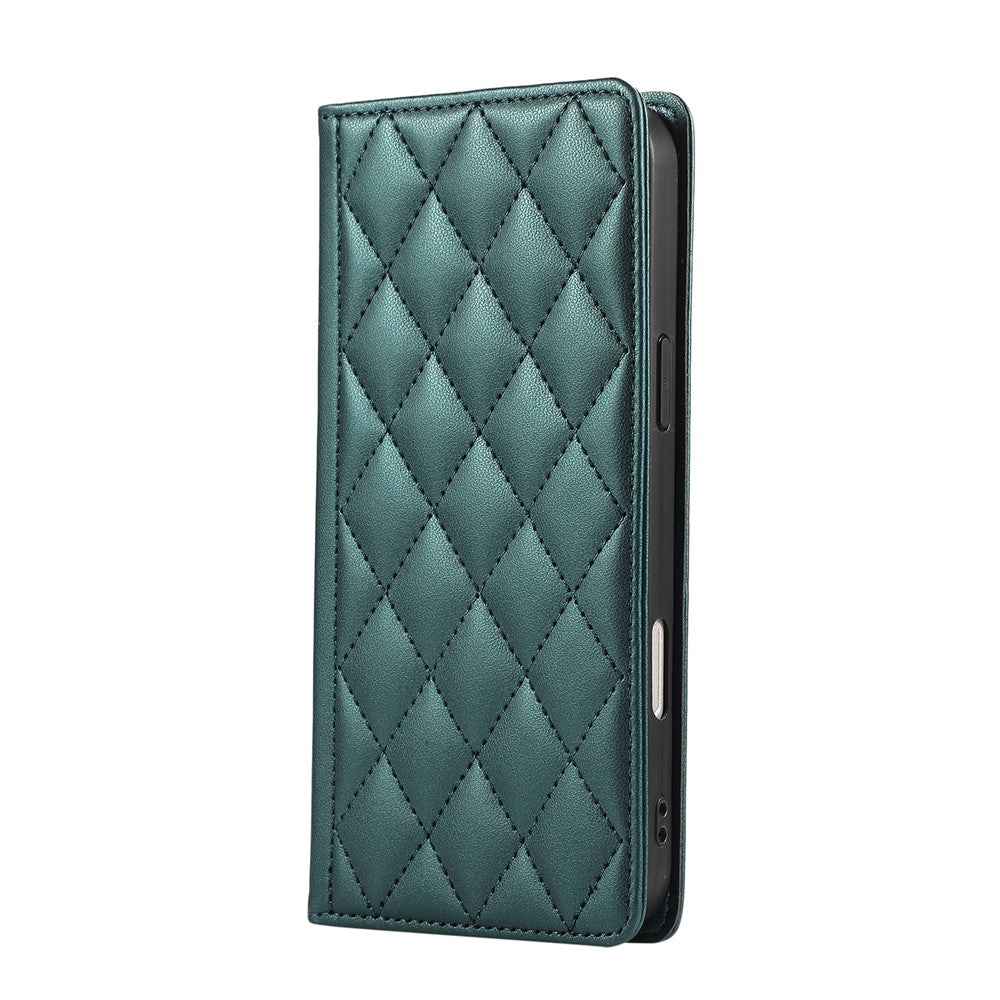 For Samsung Galaxy A57 5G Case RFID Blocking Wallet Stand Rhombus Leather Cover with Wrist Strap - Green