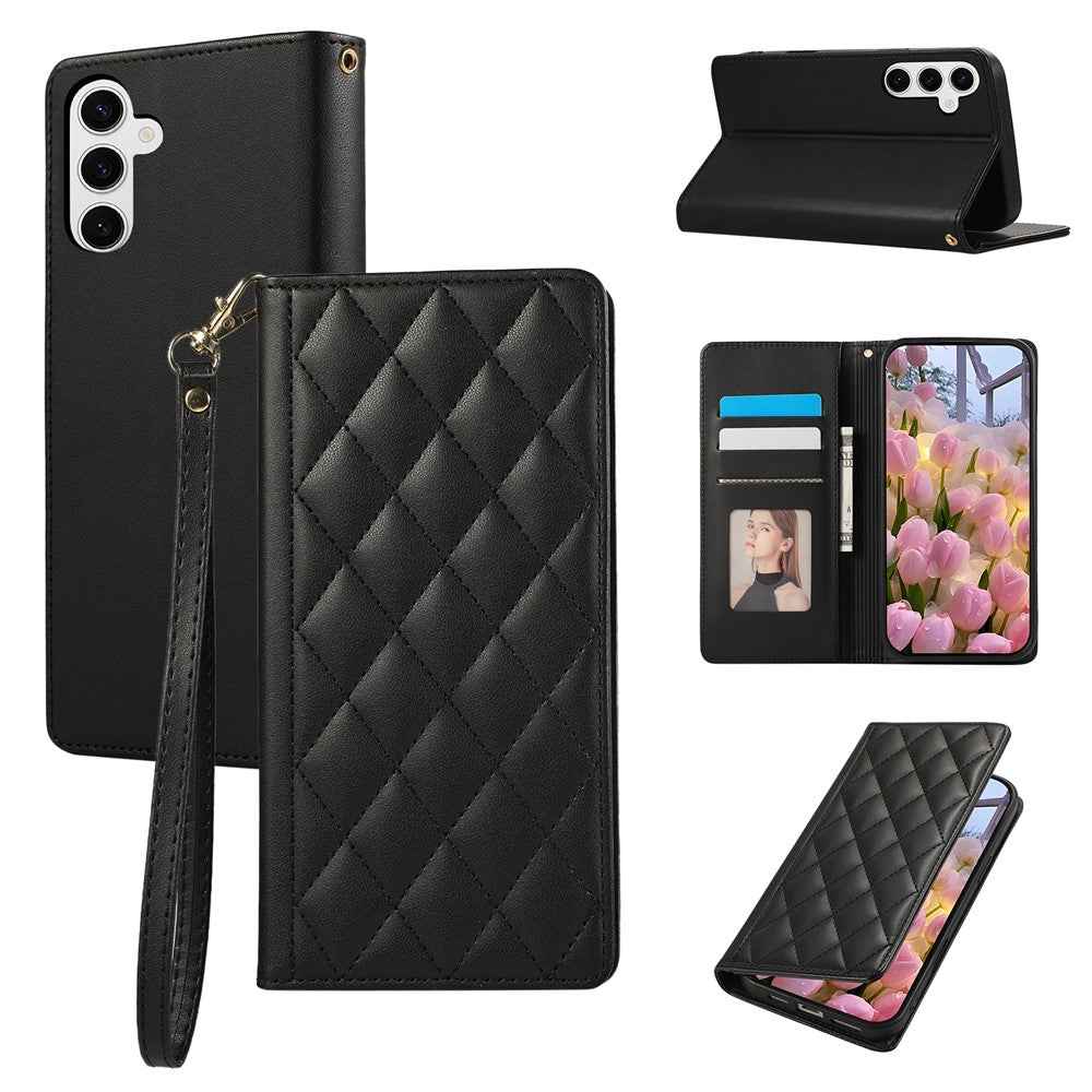 For Samsung Galaxy A57 5G Case RFID Blocking Wallet Stand Rhombus Leather Cover with Wrist Strap - Black