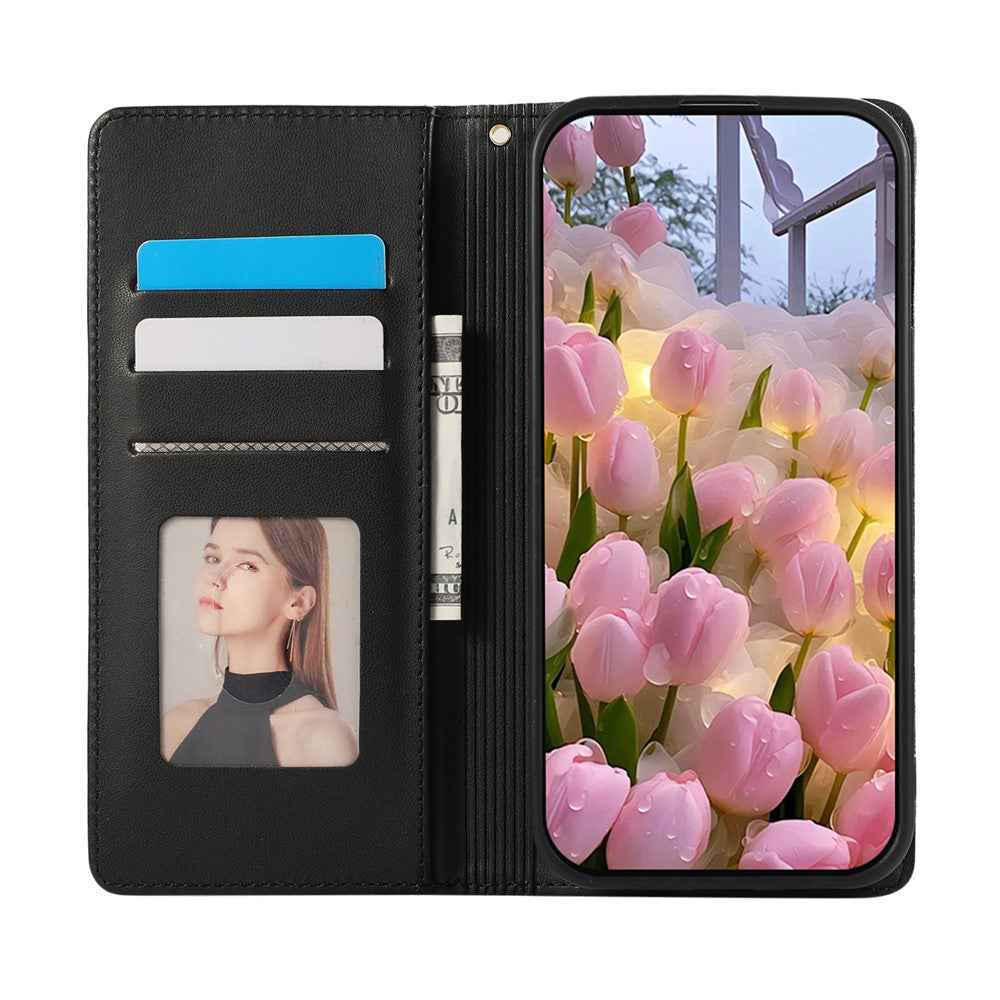 For Samsung Galaxy A57 5G Case RFID Blocking Wallet Stand Rhombus Leather Cover with Wrist Strap - Black
