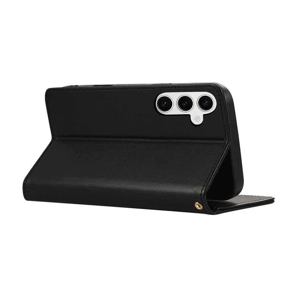 For Samsung Galaxy A57 5G Case RFID Blocking Wallet Stand Rhombus Leather Cover with Wrist Strap - Black