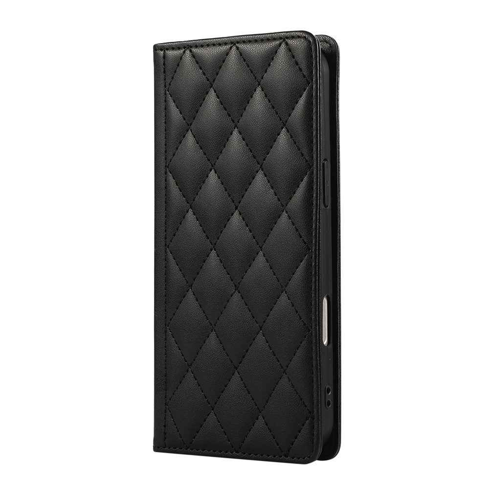 For Samsung Galaxy A57 5G Case RFID Blocking Wallet Stand Rhombus Leather Cover with Wrist Strap - Black