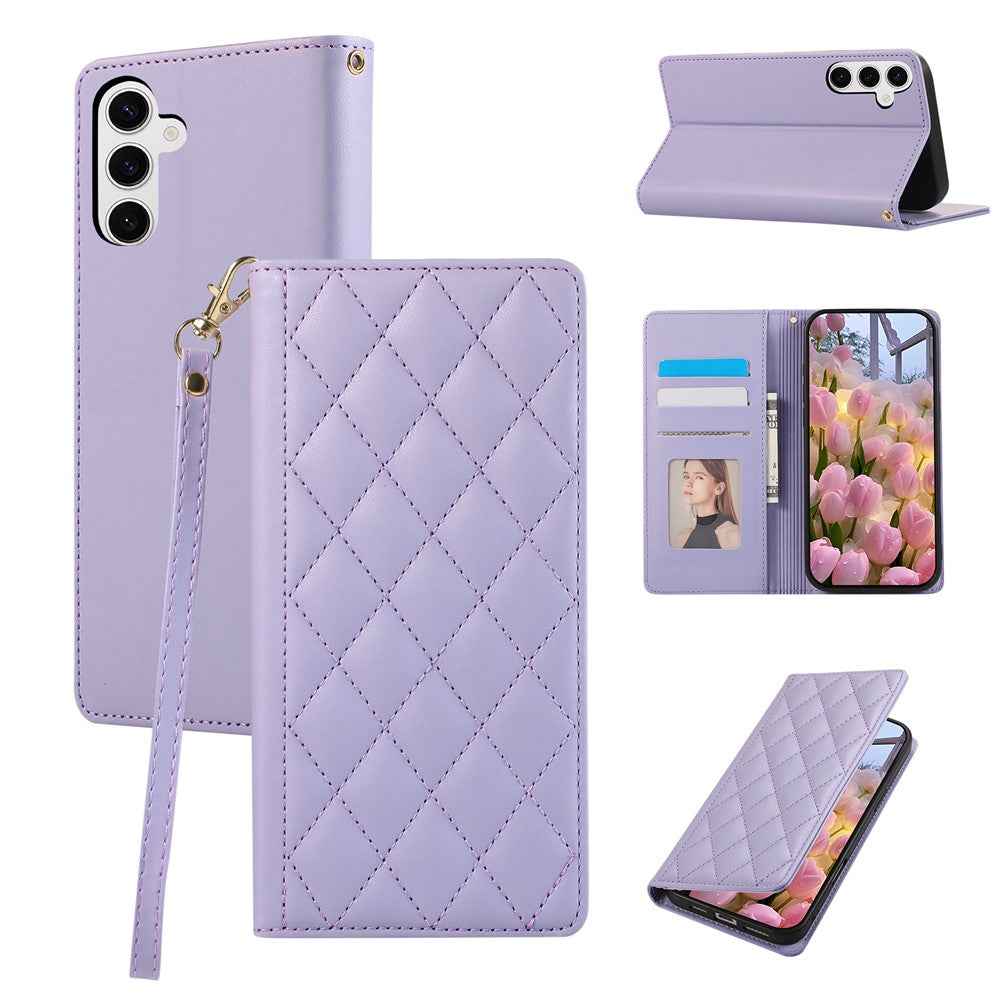 For Samsung Galaxy A57 5G Case RFID Blocking Wallet Stand Rhombus Leather Cover with Wrist Strap - Purple