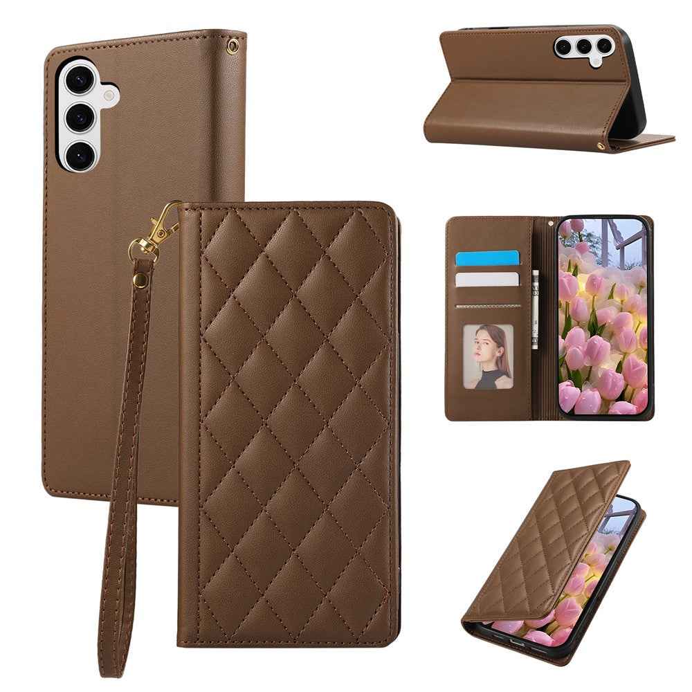 For Samsung Galaxy A57 5G Case RFID Blocking Wallet Stand Rhombus Leather Cover with Wrist Strap - Brown