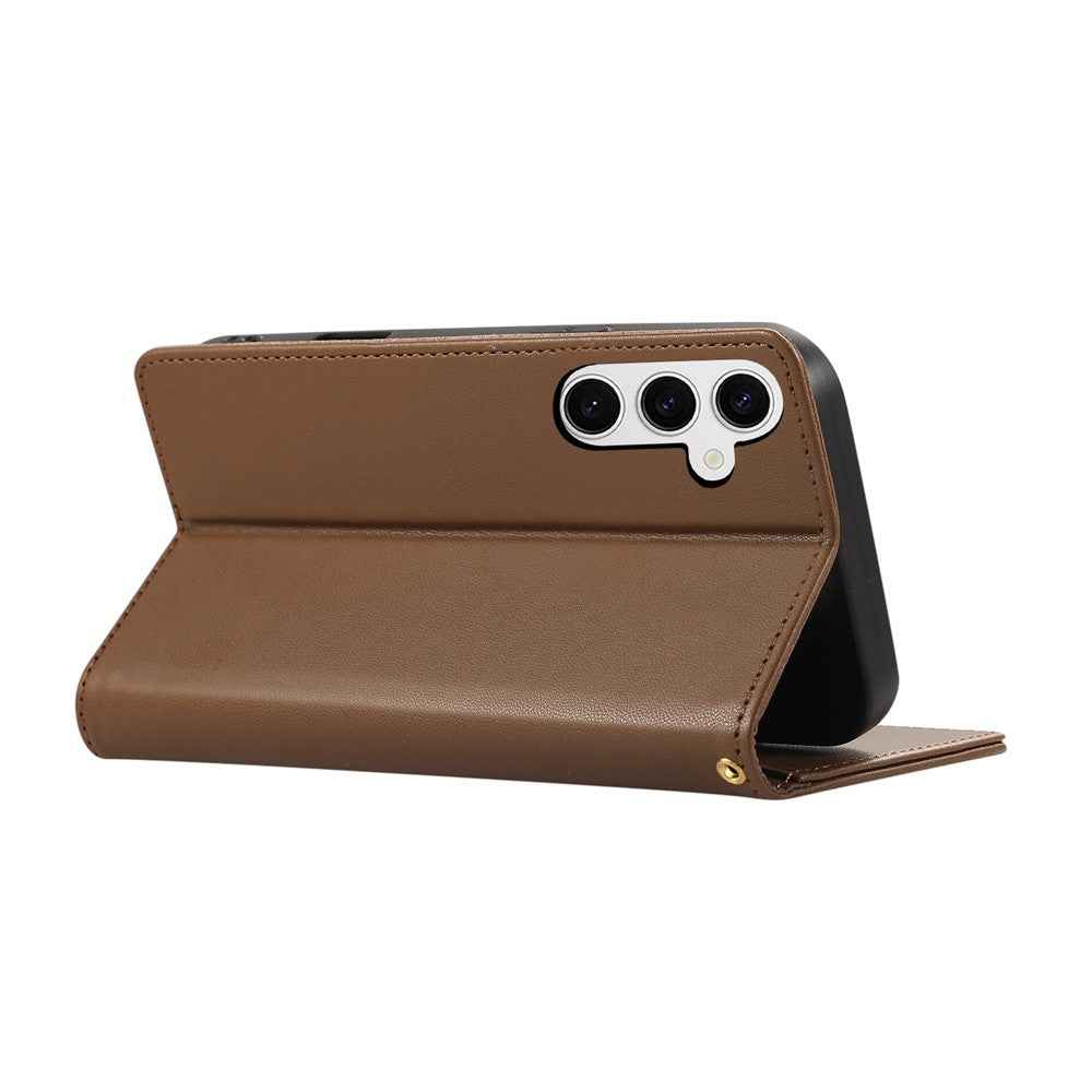 For Samsung Galaxy A57 5G Case RFID Blocking Wallet Stand Rhombus Leather Cover with Wrist Strap - Brown