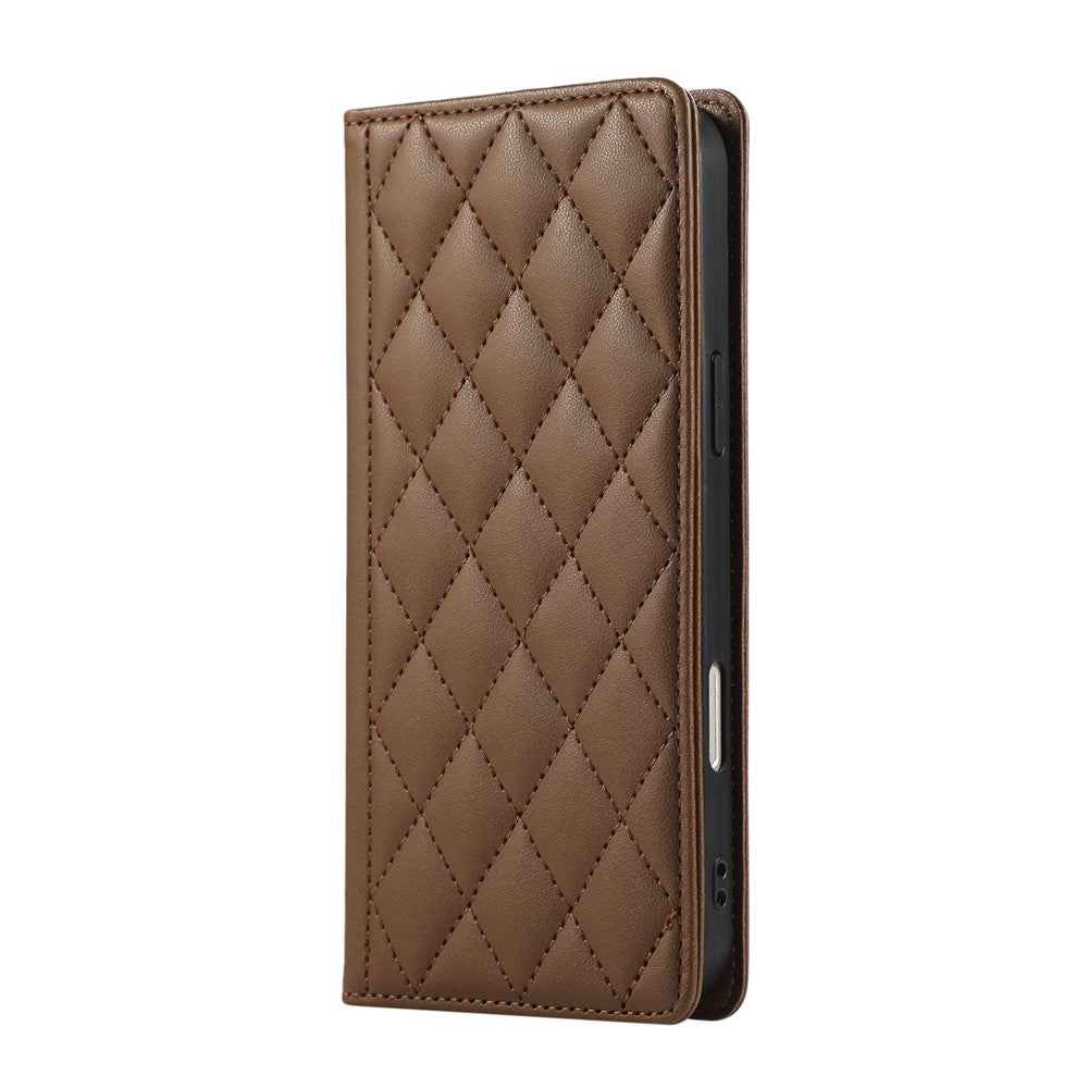 For Samsung Galaxy A57 5G Case RFID Blocking Wallet Stand Rhombus Leather Cover with Wrist Strap - Brown