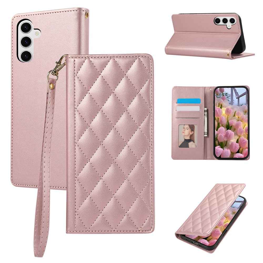 For Samsung Galaxy A57 5G Case RFID Blocking Wallet Stand Rhombus Leather Cover with Wrist Strap - Rose Gold