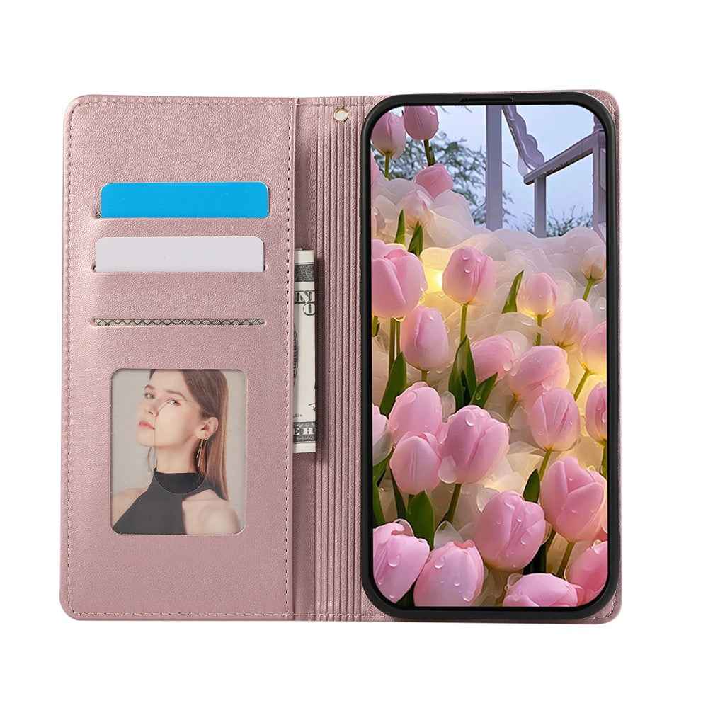 For Samsung Galaxy A57 5G Case RFID Blocking Wallet Stand Rhombus Leather Cover with Wrist Strap - Rose Gold