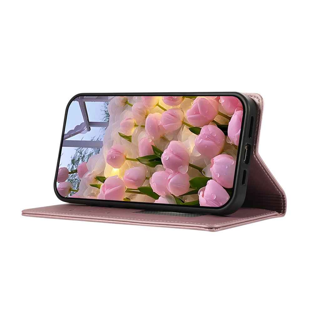 For Samsung Galaxy A57 5G Case RFID Blocking Wallet Stand Rhombus Leather Cover with Wrist Strap - Rose Gold