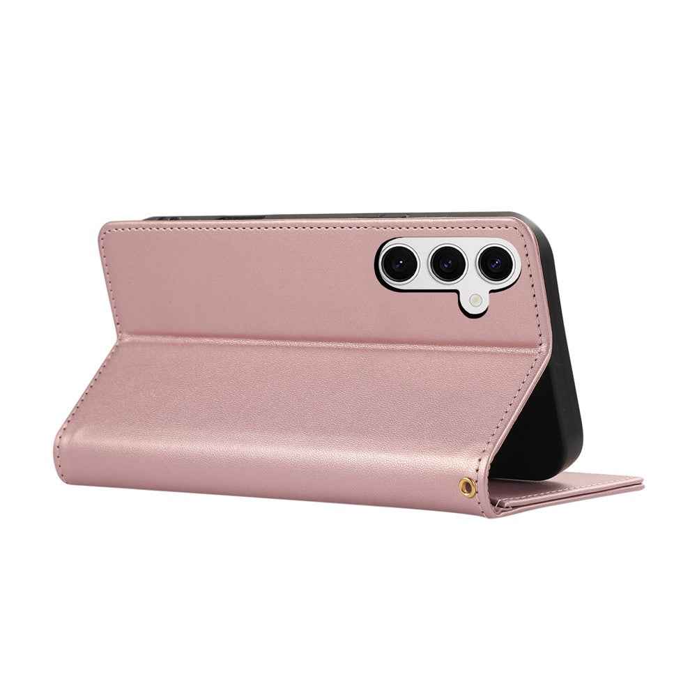 For Samsung Galaxy A57 5G Case RFID Blocking Wallet Stand Rhombus Leather Cover with Wrist Strap - Rose Gold