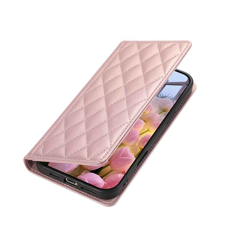 For Samsung Galaxy A57 5G Case RFID Blocking Wallet Stand Rhombus Leather Cover with Wrist Strap - Rose Gold