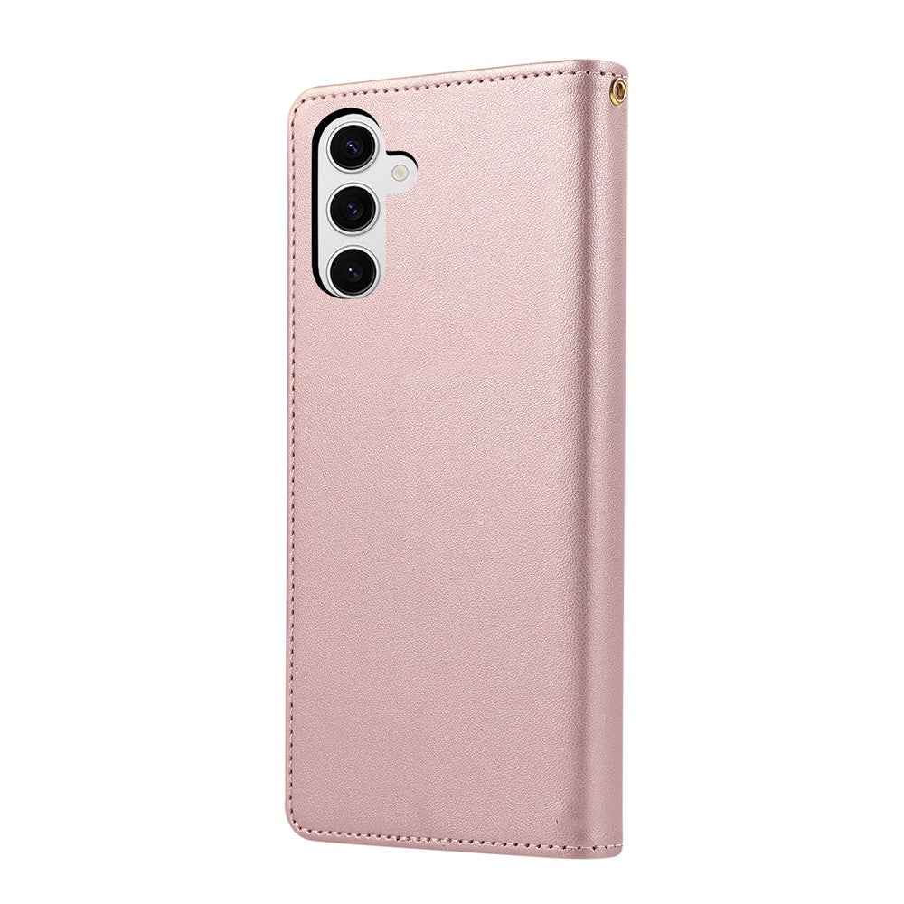 For Samsung Galaxy A57 5G Case RFID Blocking Wallet Stand Rhombus Leather Cover with Wrist Strap - Rose Gold