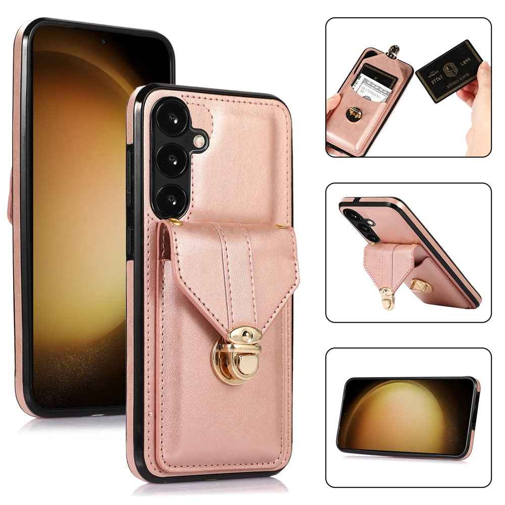 For Samsung Galaxy A57 5G Case Card Holder Kickstand PU Leather + TPU Phone Cover with Shoulder Strap - Rose Gold