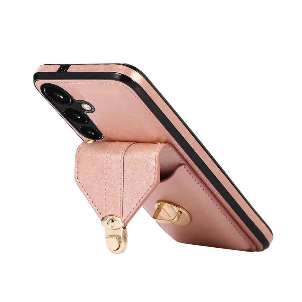 For Samsung Galaxy A57 5G Case Card Holder Kickstand PU Leather + TPU Phone Cover with Shoulder Strap - Rose Gold