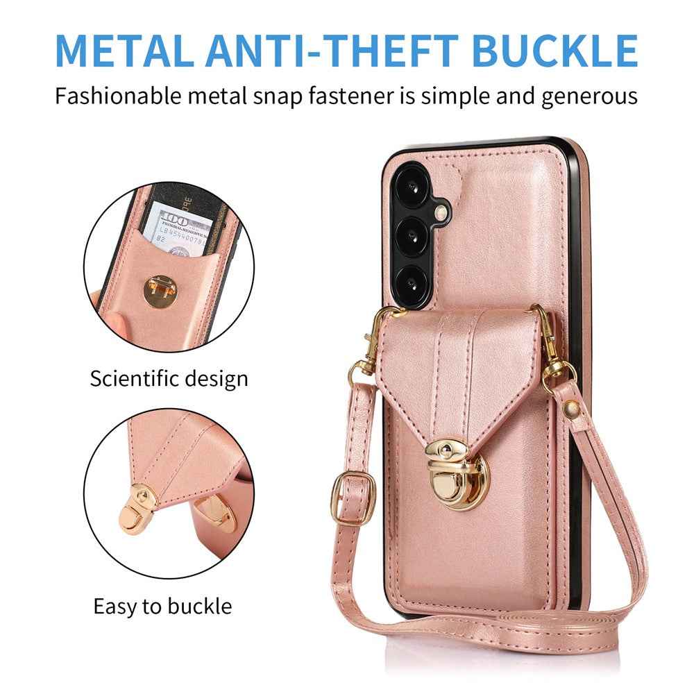 For Samsung Galaxy A57 5G Case Card Holder Kickstand PU Leather + TPU Phone Cover with Shoulder Strap - Rose Gold