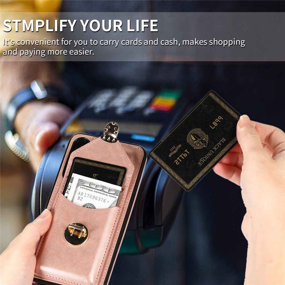 For Samsung Galaxy A57 5G Case Card Holder Kickstand PU Leather + TPU Phone Cover with Shoulder Strap - Rose Gold