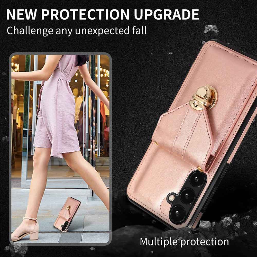 For Samsung Galaxy A57 5G Case Card Holder Kickstand PU Leather + TPU Phone Cover with Shoulder Strap - Rose Gold