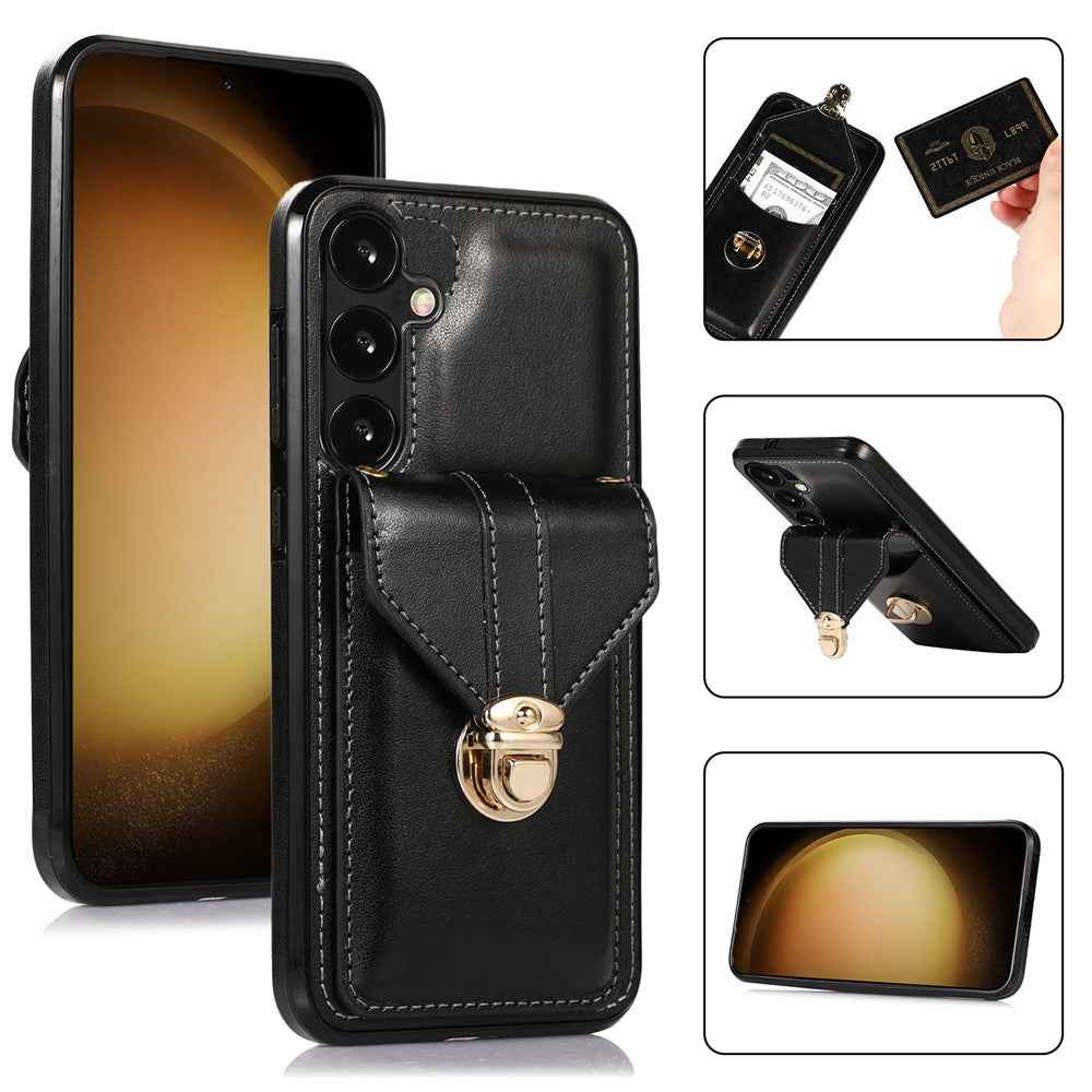 For Samsung Galaxy A57 5G Case Card Holder Kickstand PU Leather + TPU Phone Cover with Shoulder Strap - Black