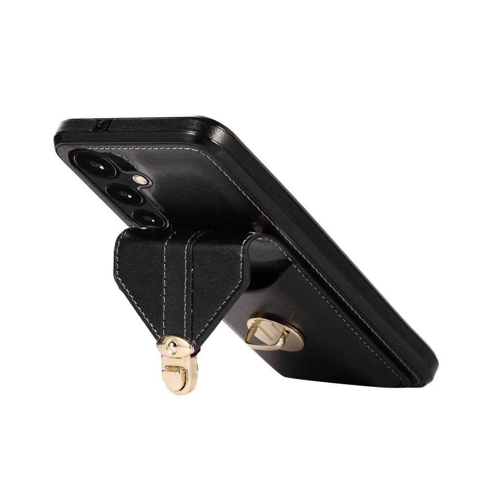 For Samsung Galaxy A57 5G Case Card Holder Kickstand PU Leather + TPU Phone Cover with Shoulder Strap - Black