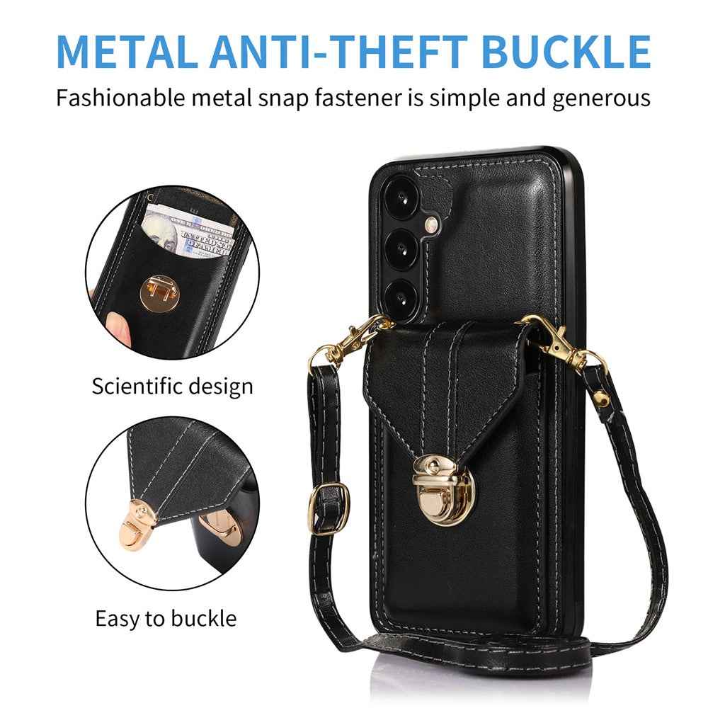 For Samsung Galaxy A57 5G Case Card Holder Kickstand PU Leather + TPU Phone Cover with Shoulder Strap - Black
