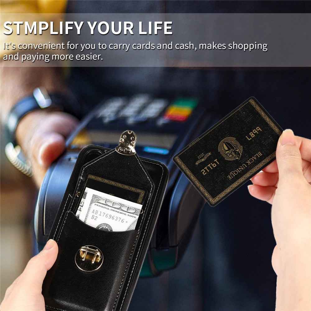 For Samsung Galaxy A57 5G Case Card Holder Kickstand PU Leather + TPU Phone Cover with Shoulder Strap - Black