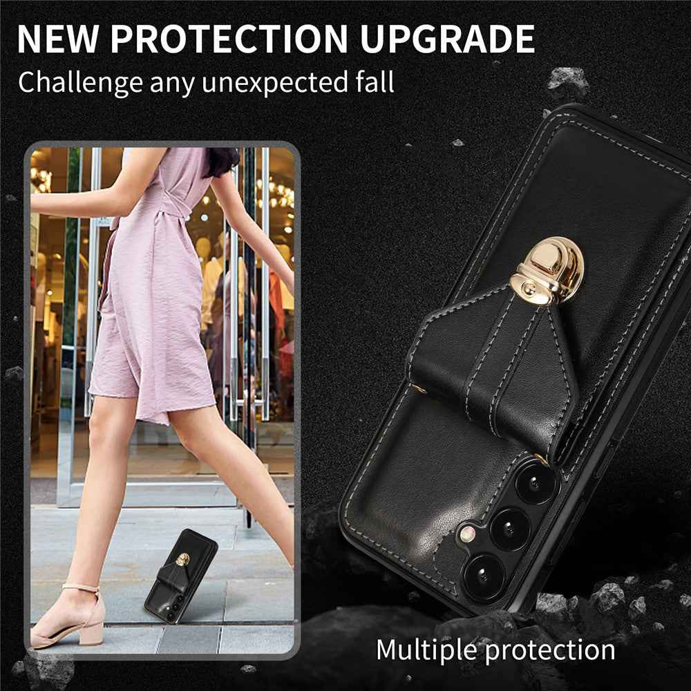For Samsung Galaxy A57 5G Case Card Holder Kickstand PU Leather + TPU Phone Cover with Shoulder Strap - Black