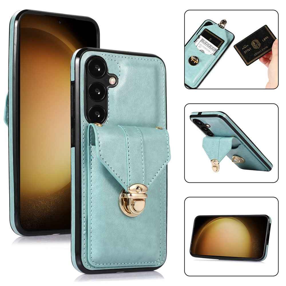 For Samsung Galaxy A57 5G Case Card Holder Kickstand PU Leather + TPU Phone Cover with Shoulder Strap - Green