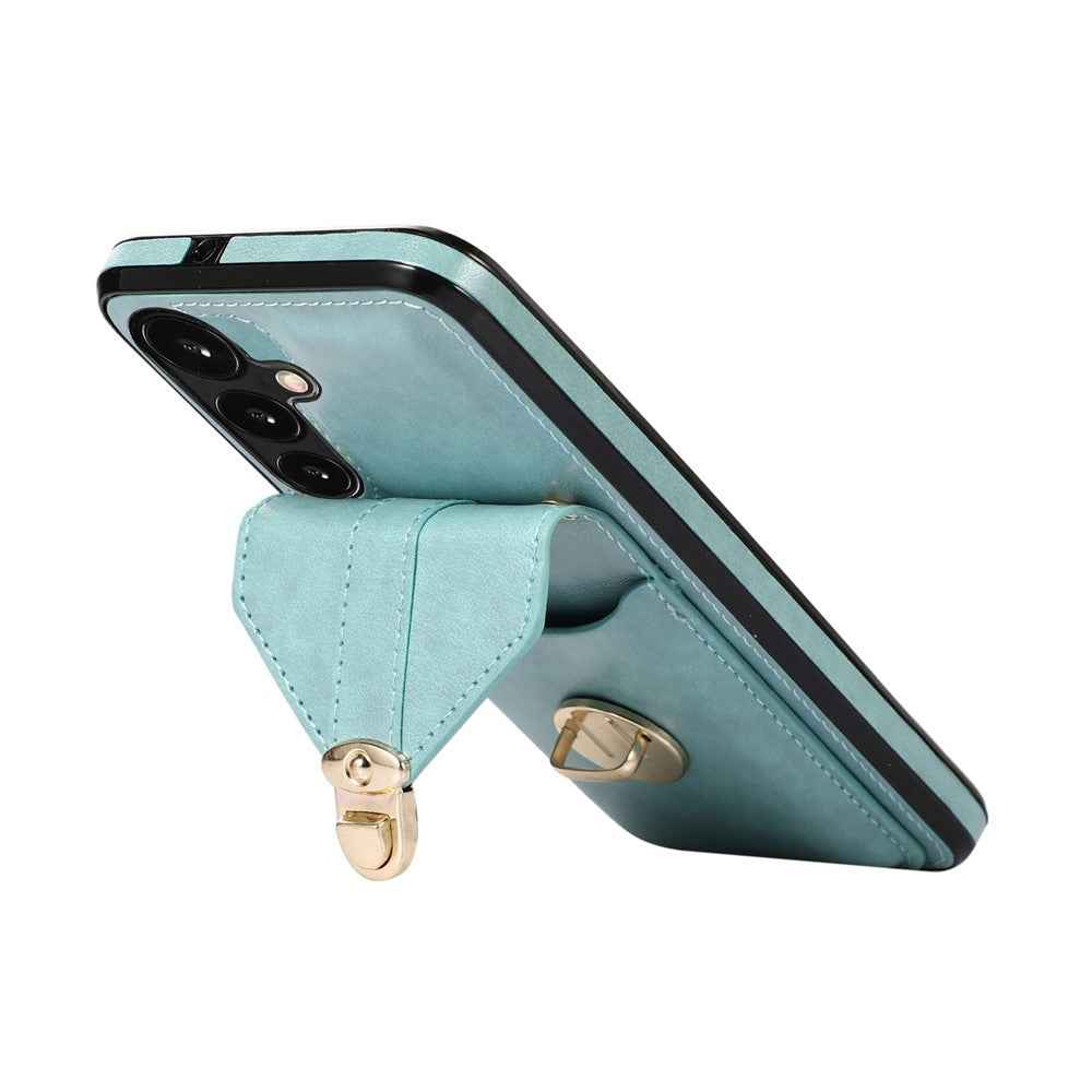 For Samsung Galaxy A57 5G Case Card Holder Kickstand PU Leather + TPU Phone Cover with Shoulder Strap - Green