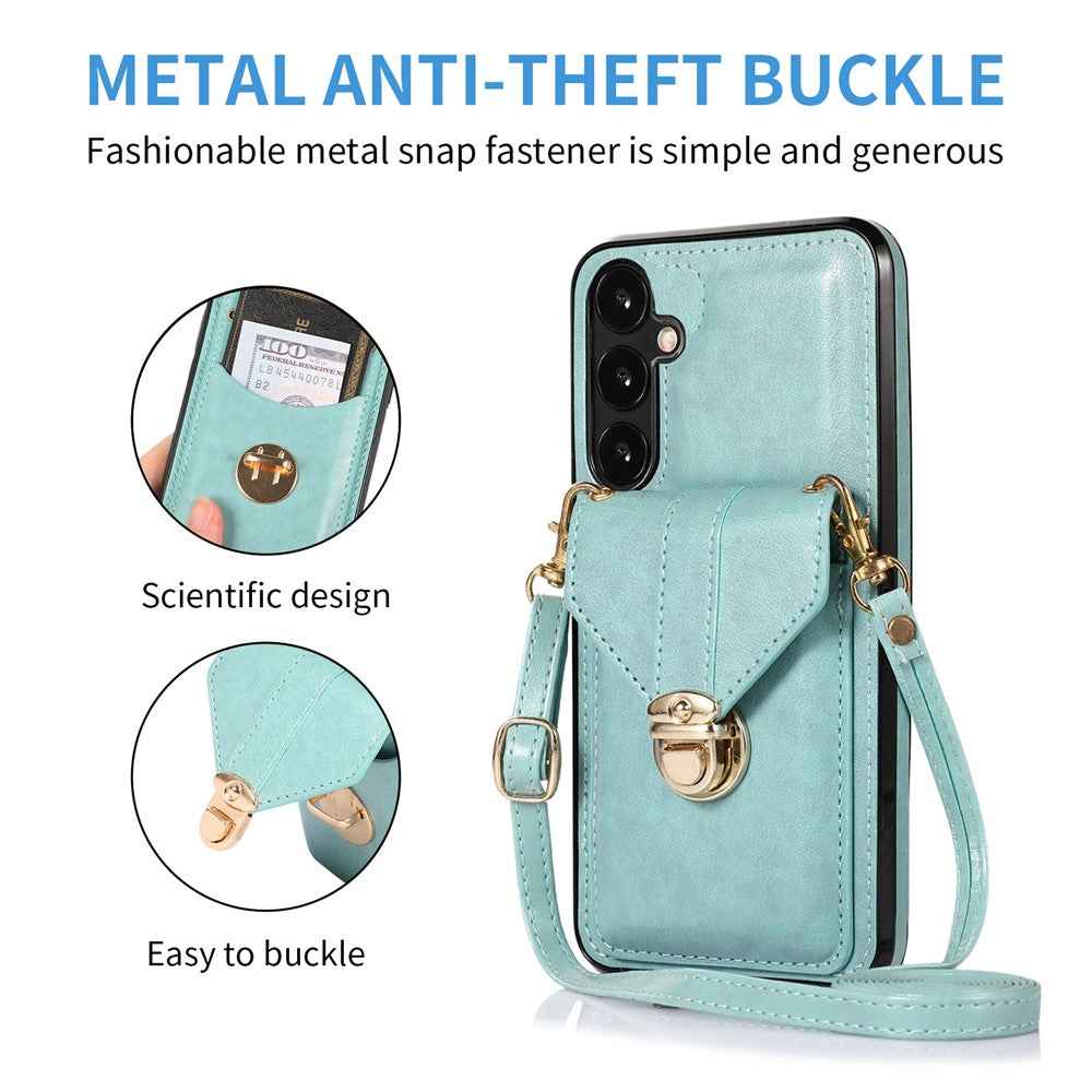 For Samsung Galaxy A57 5G Case Card Holder Kickstand PU Leather + TPU Phone Cover with Shoulder Strap - Green