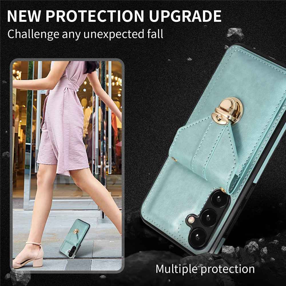 For Samsung Galaxy A57 5G Case Card Holder Kickstand PU Leather + TPU Phone Cover with Shoulder Strap - Green